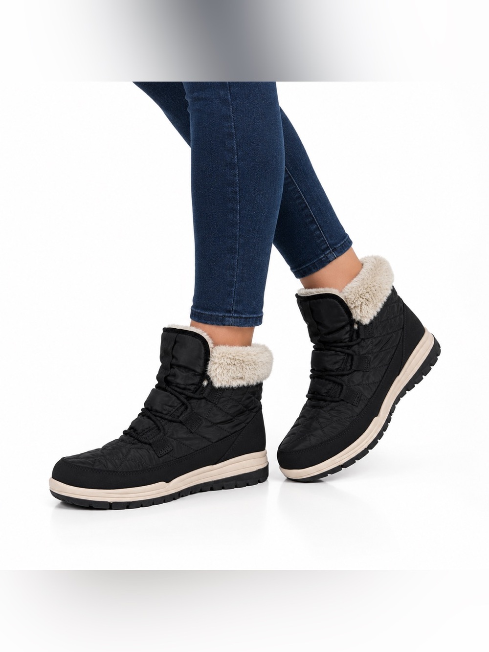 Ryka Black Winter Ankle Boots with Cream Trim